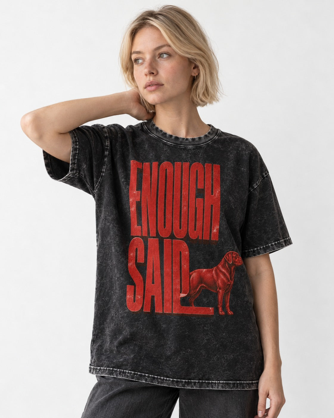 Labrador Retriever Enough Said Standing Typography Graphic Washed Tee in Black, worn by a model