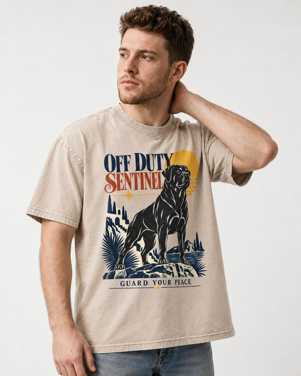 Off Duty Rottweiler Sentinel Washed Tee in Apricot, worn by a model