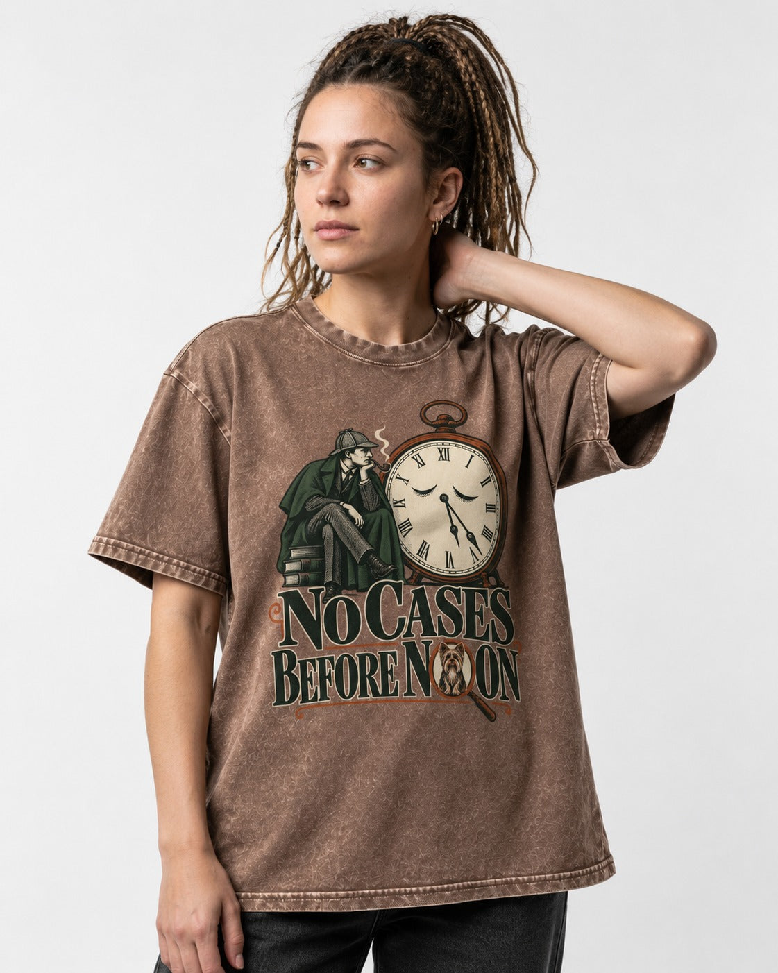 No Cases Before Noon Yorkshire Terrier Washed Tee in Coffee, worn by a model