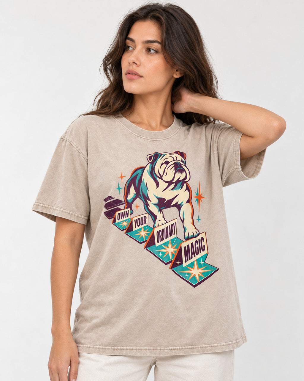 English Bulldog's Ordinary Magic Washed Tee in Apricot, worn by a model