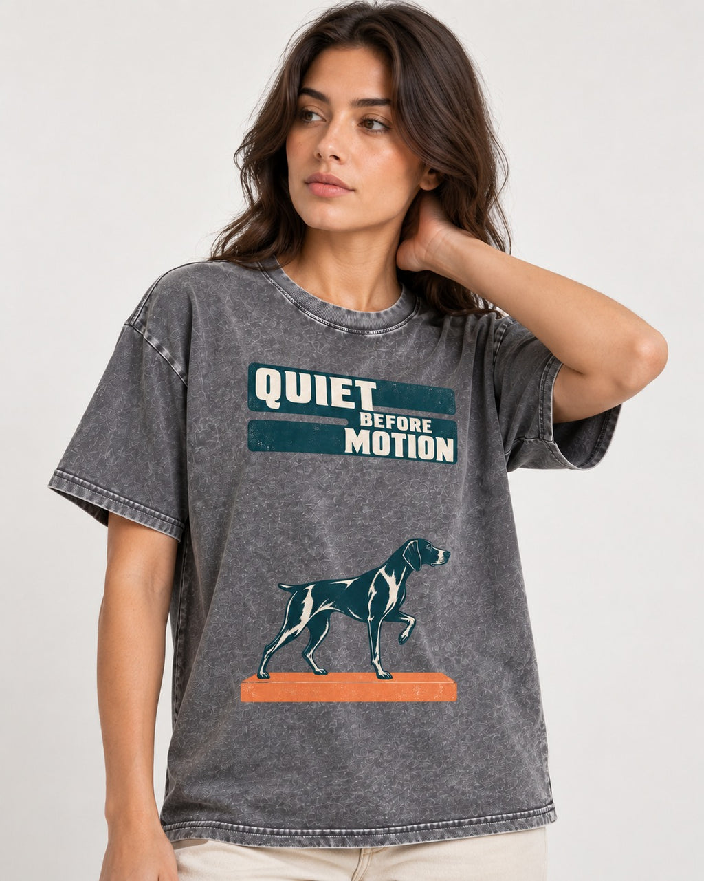 Quiet Before Motion German Shorthaired Pointer Washed Tee in Gray, worn by a model
