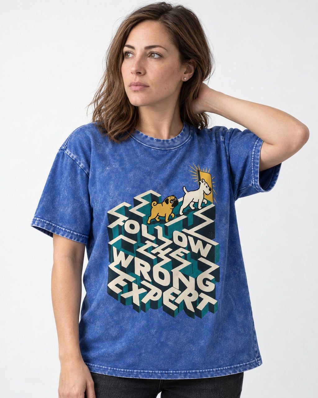 Pug Follow the Wrong Expert Isometric Maze Graphic Washed Tee in Royal Blue, worn by a model