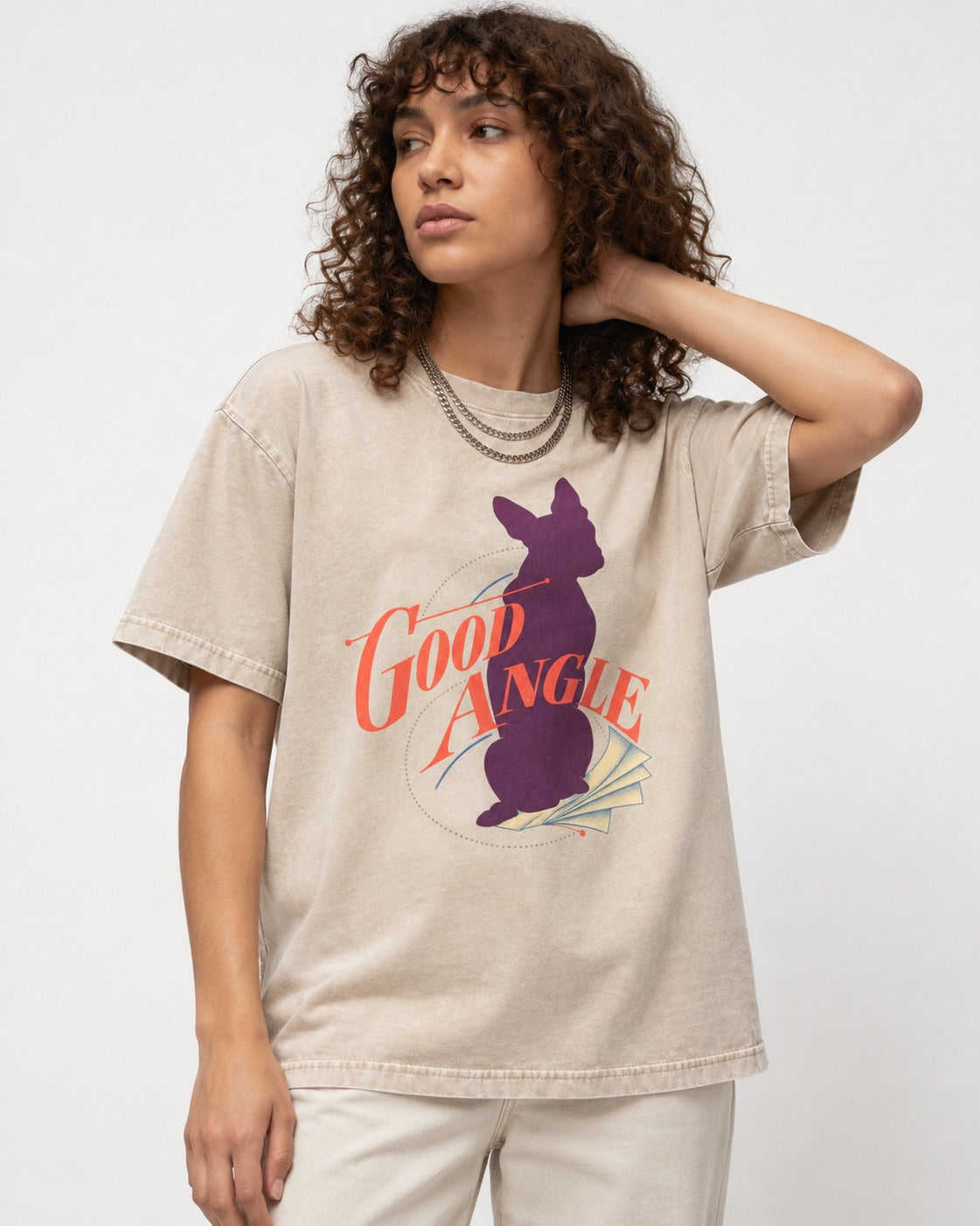Good Angle Boston Terrier Paper Graphic Washed Tee in Apricot, worn by a model