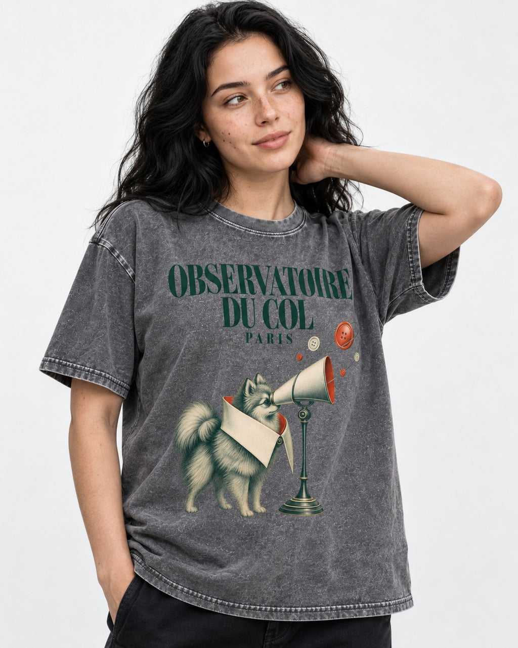 Pomeranian Observatoire Du Col Washed Tee in Gray, worn by a model