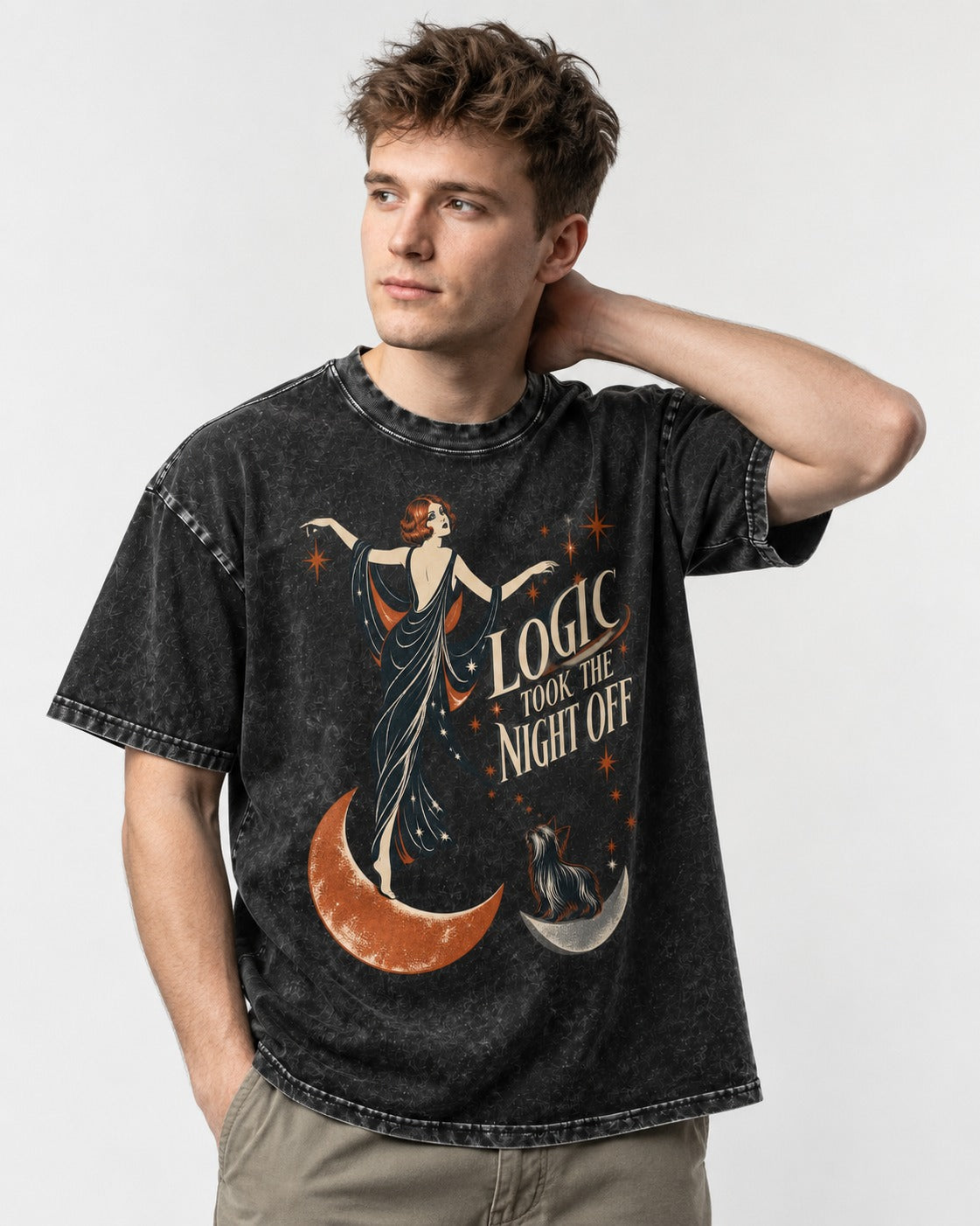 Yorkshire Terrier Logic Took the Night Off Art Deco Graphic Washed Tee in Black, worn by a model