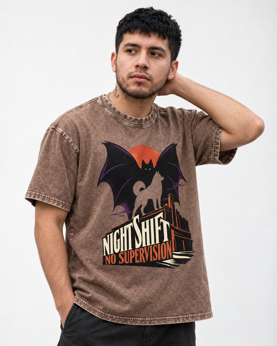 Husky Night Shift No Supervision Washed Tee in Coffee, worn by a model