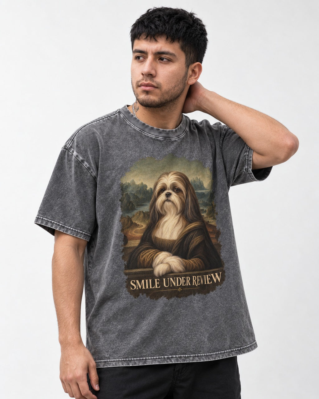 Shih Tzu Smile Under Review Old Master Portrait Graphic Washed Tee in Gray, worn by a model