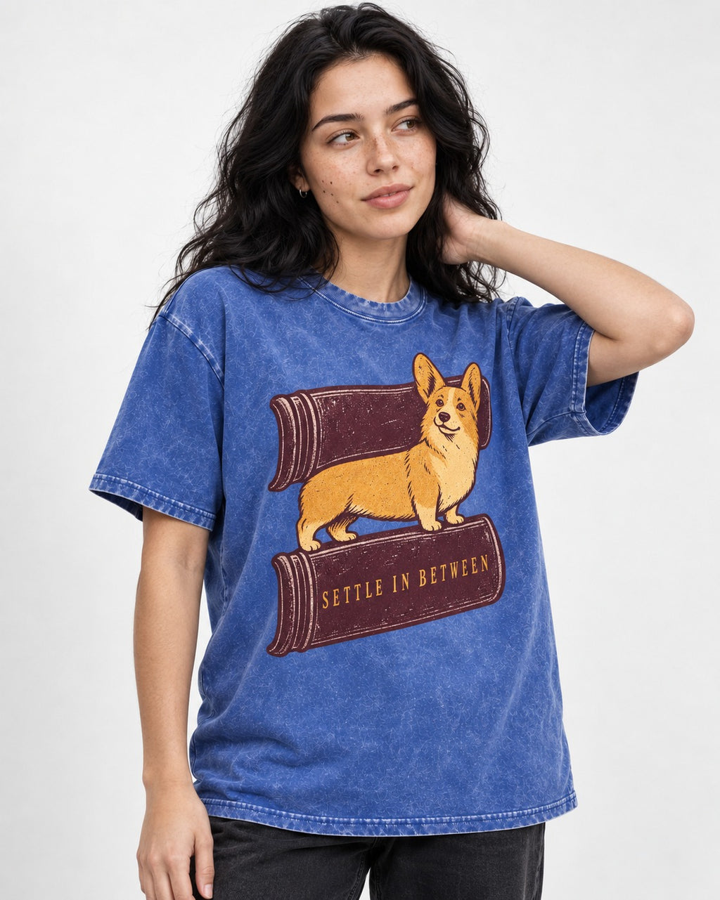 Corgi Settle in Between Washed Tee in Royal Blue, worn by a model