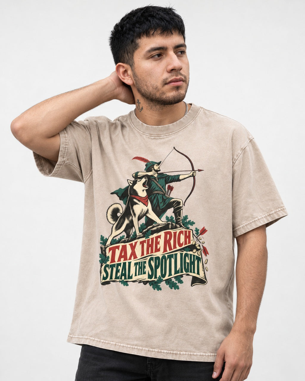 Husky Steals the Spotlight Washed Tee in Apricot, worn by a model