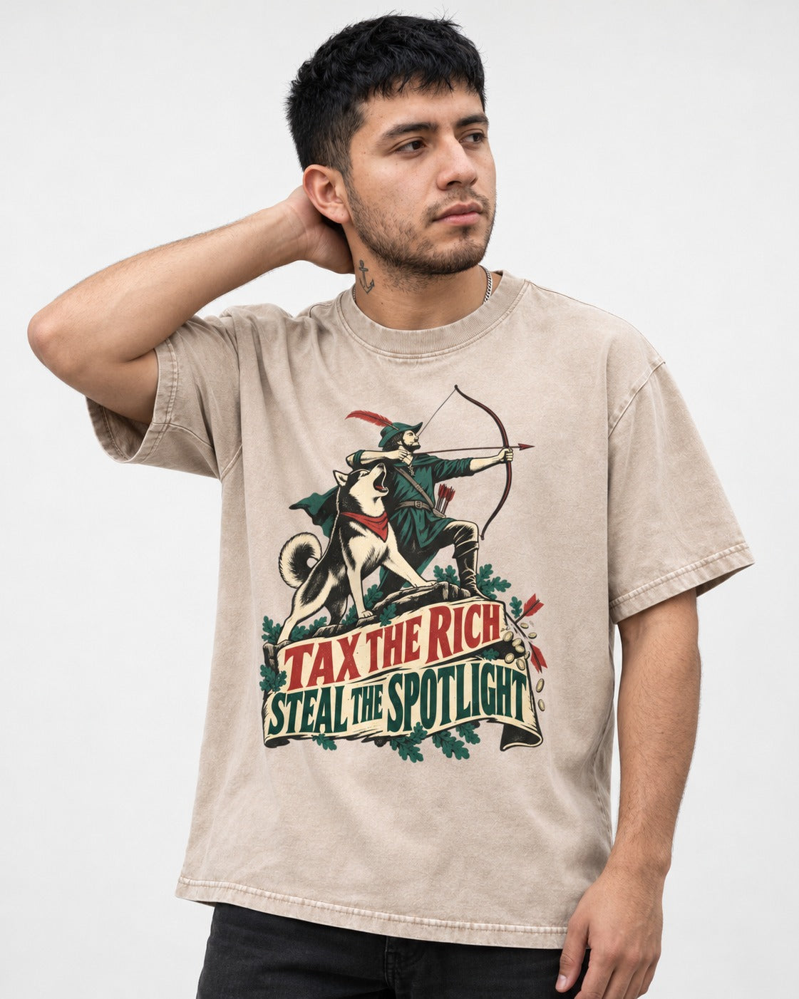 Husky Steals the Spotlight Washed Tee in Apricot, worn by a model