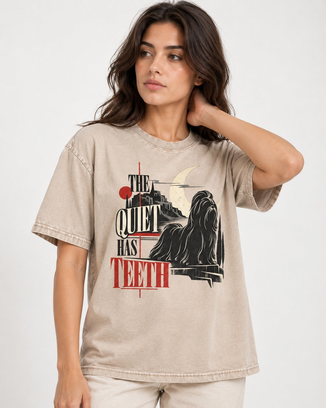 The Quiet Shih Tzu Has Teeth Washed Tee in Apricot, worn by a model