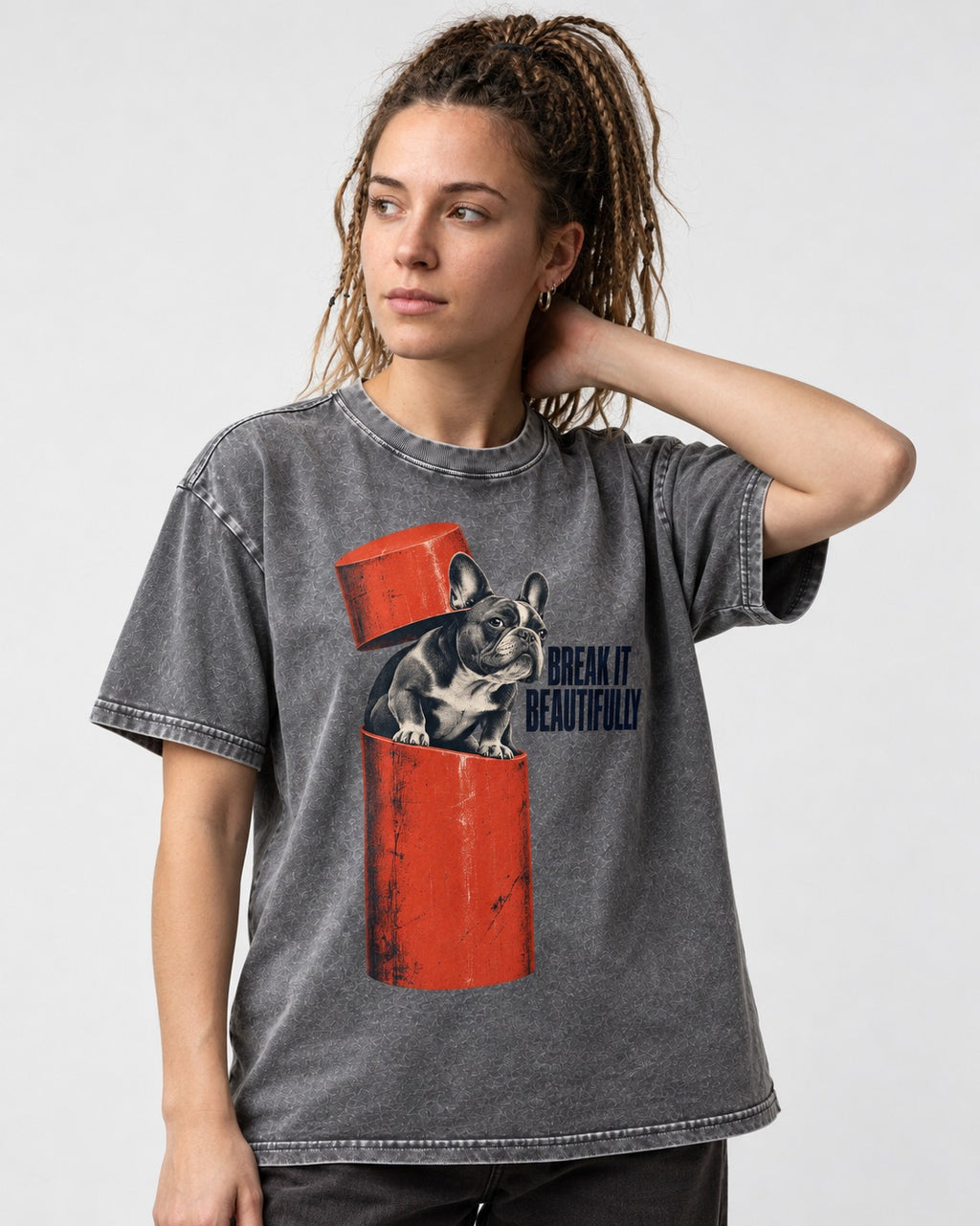 Frenchie Break It Beautifully Washed Tee in Gray, worn by a model
