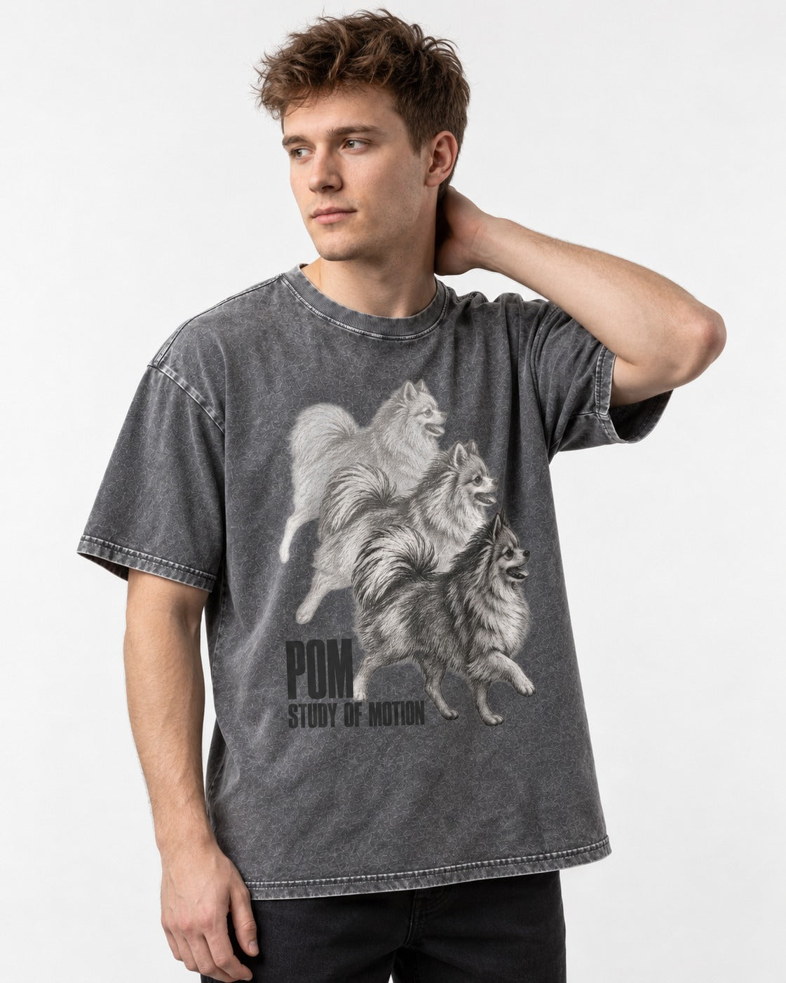Pomeranian Study of Motion Washed Tee in Gray, worn by a model