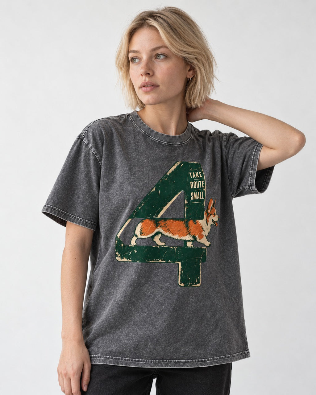 Take Route Small Corgi Washed Tee in Gray, worn by a model