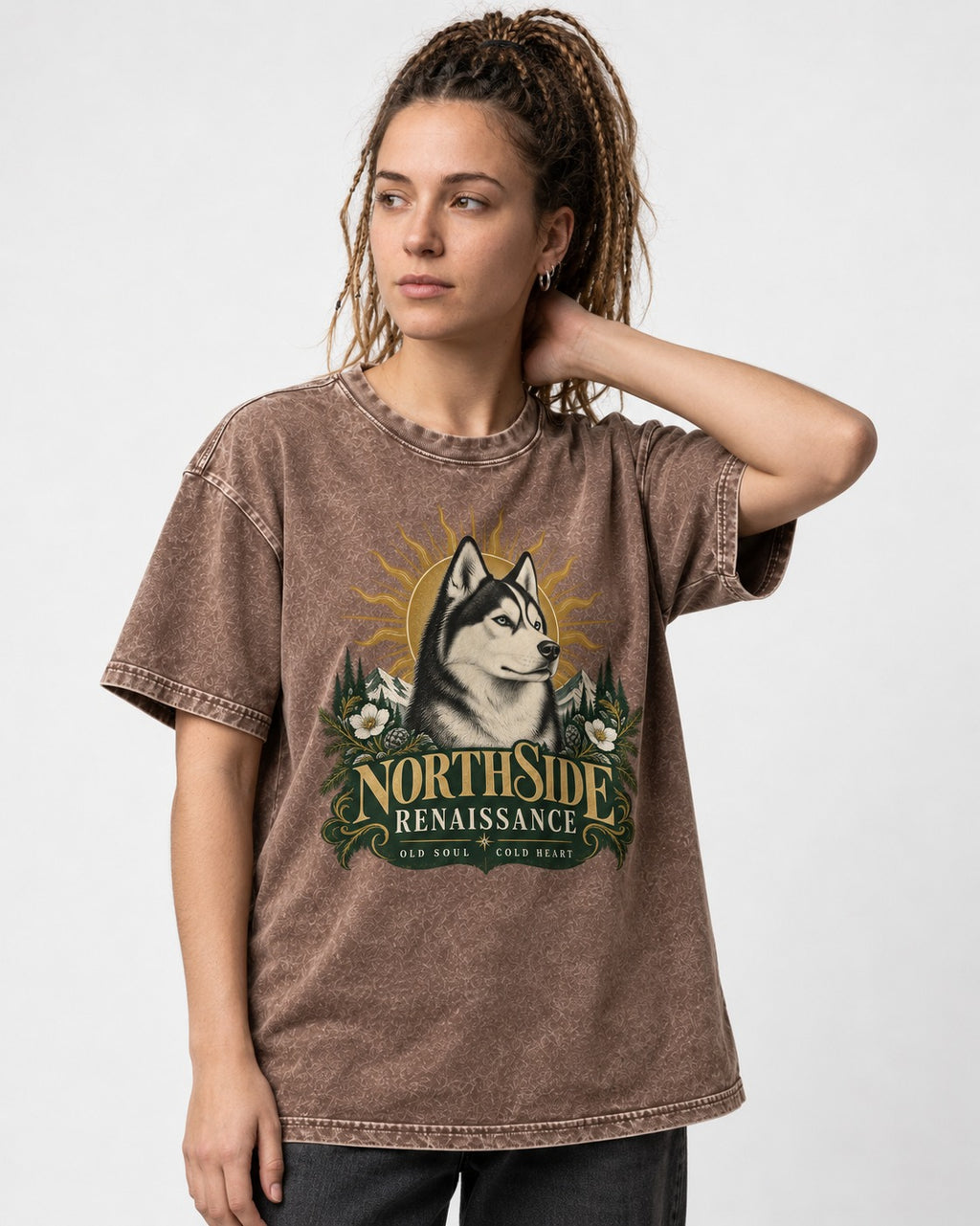 Northside Renaissance Husky Washed Tee in Coffee, worn by a model