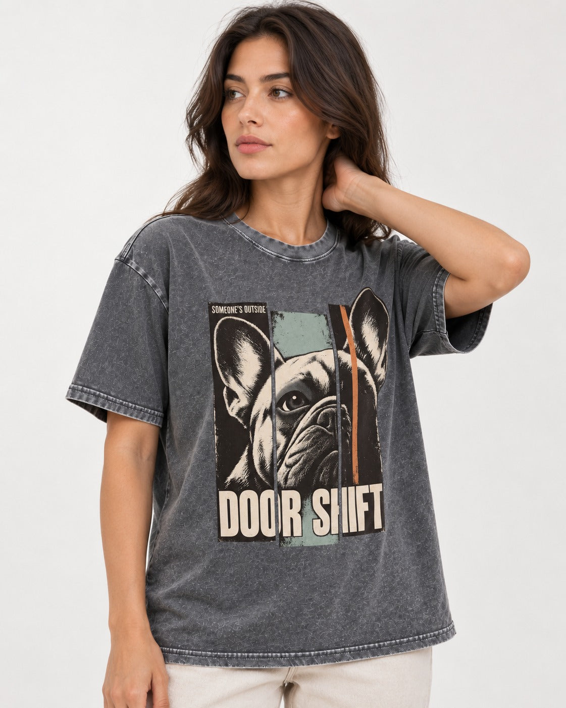 Frenchie Someone's Outside Door Shift Graphic Washed Tee in Gray, worn by a model