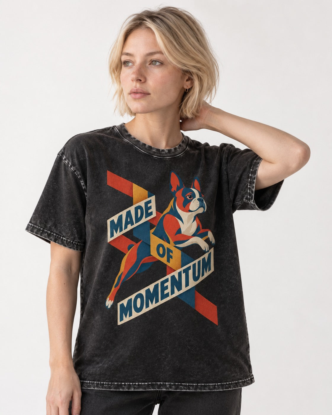 Made of Momentum Boston Terrier Washed Tee in Black, worn by a model