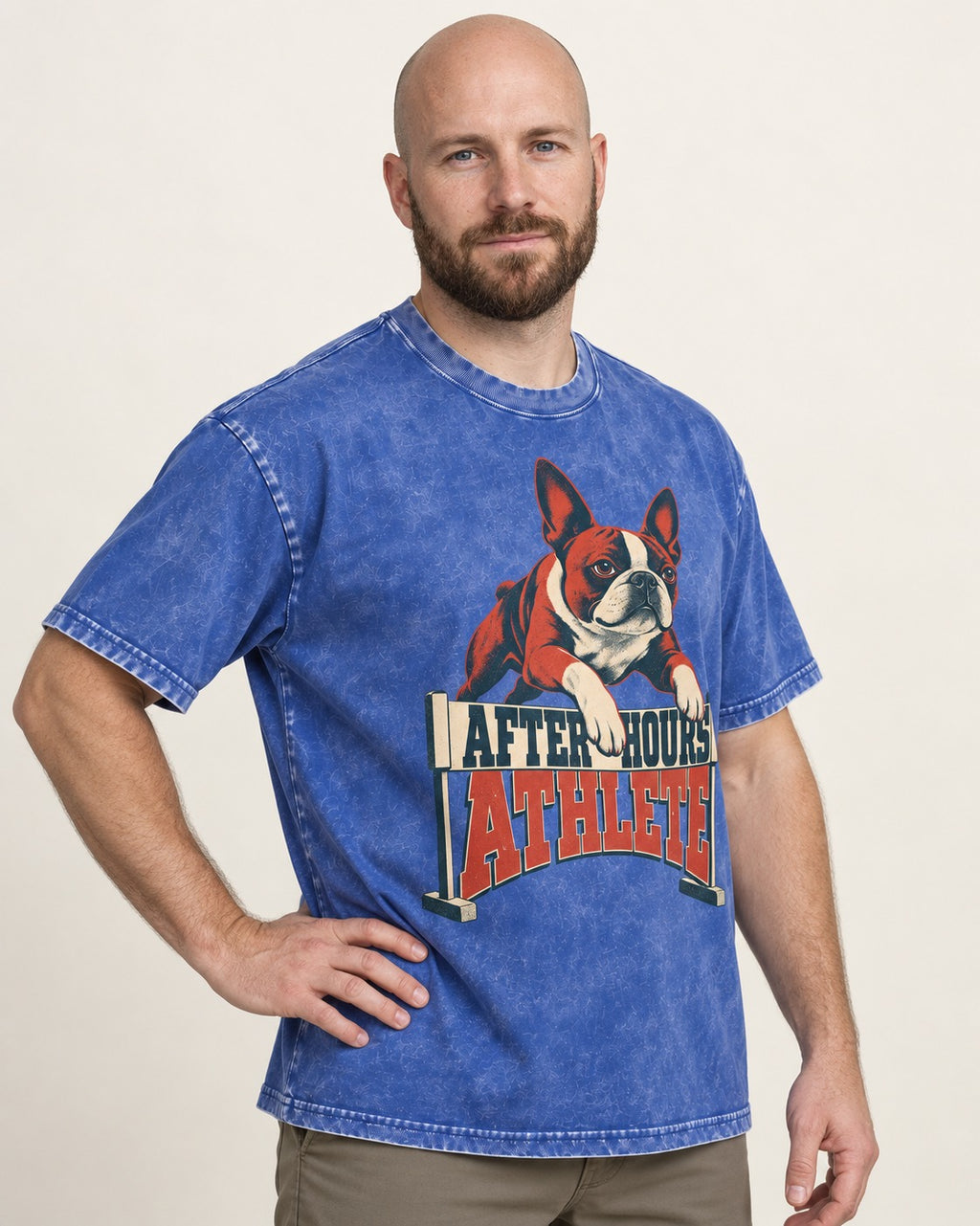 After Hours Athlete Boston Terrier Washed Tee in Royal Blue, worn by a model