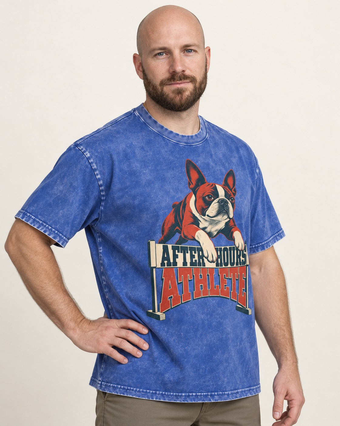 After Hours Athlete Boston Terrier Washed Tee in Royal Blue, worn by a model