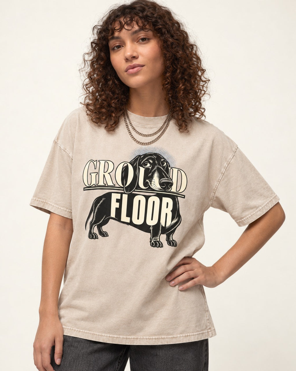 Ground Floor Dachshund Washed Tee in Apricot, worn by a model