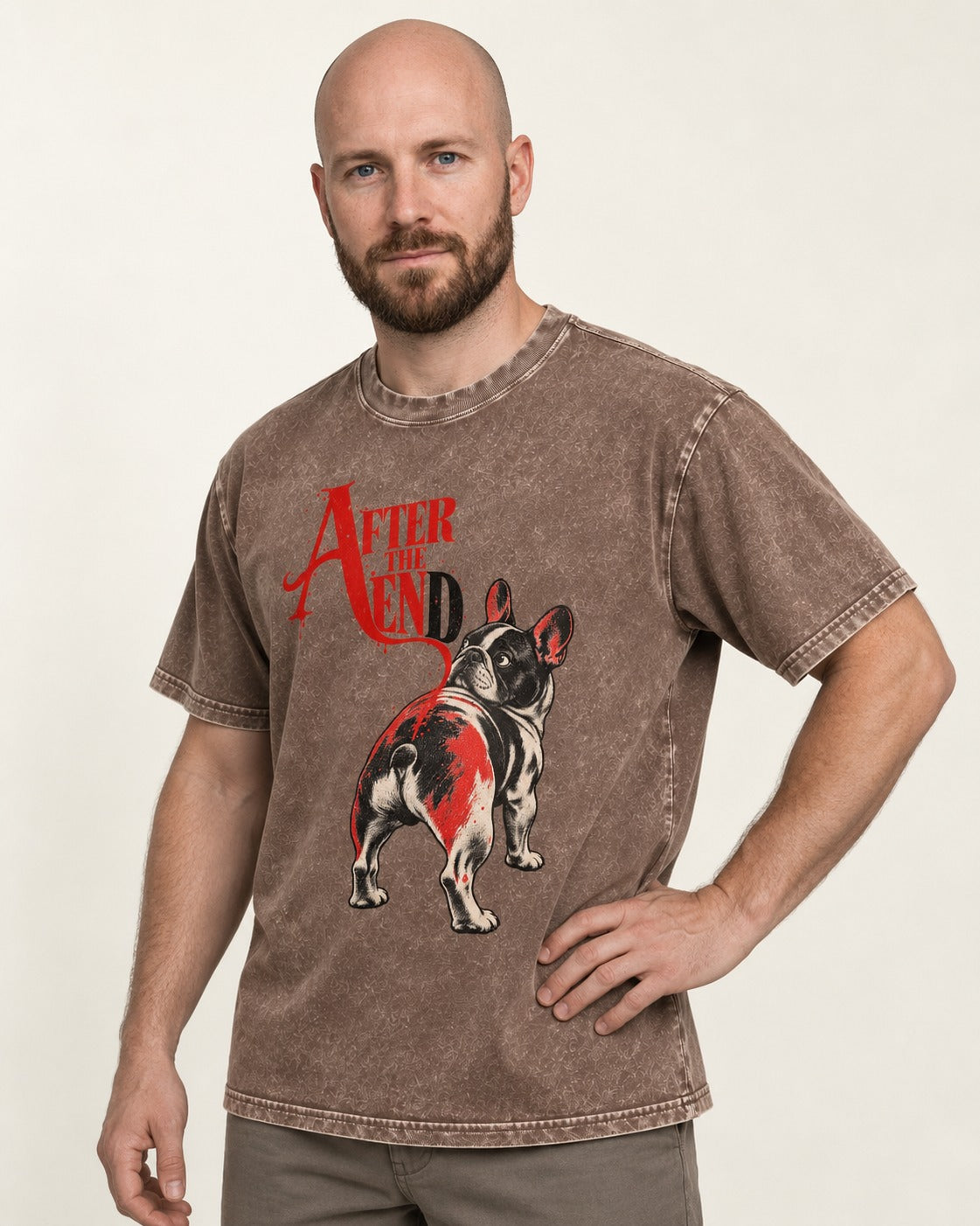 Frenchie After the End Washed Tee in Coffee, worn by a model