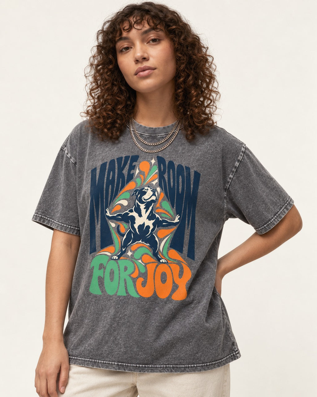 Pitbull Make Room for Joy Washed Tee in Gray, worn by a model