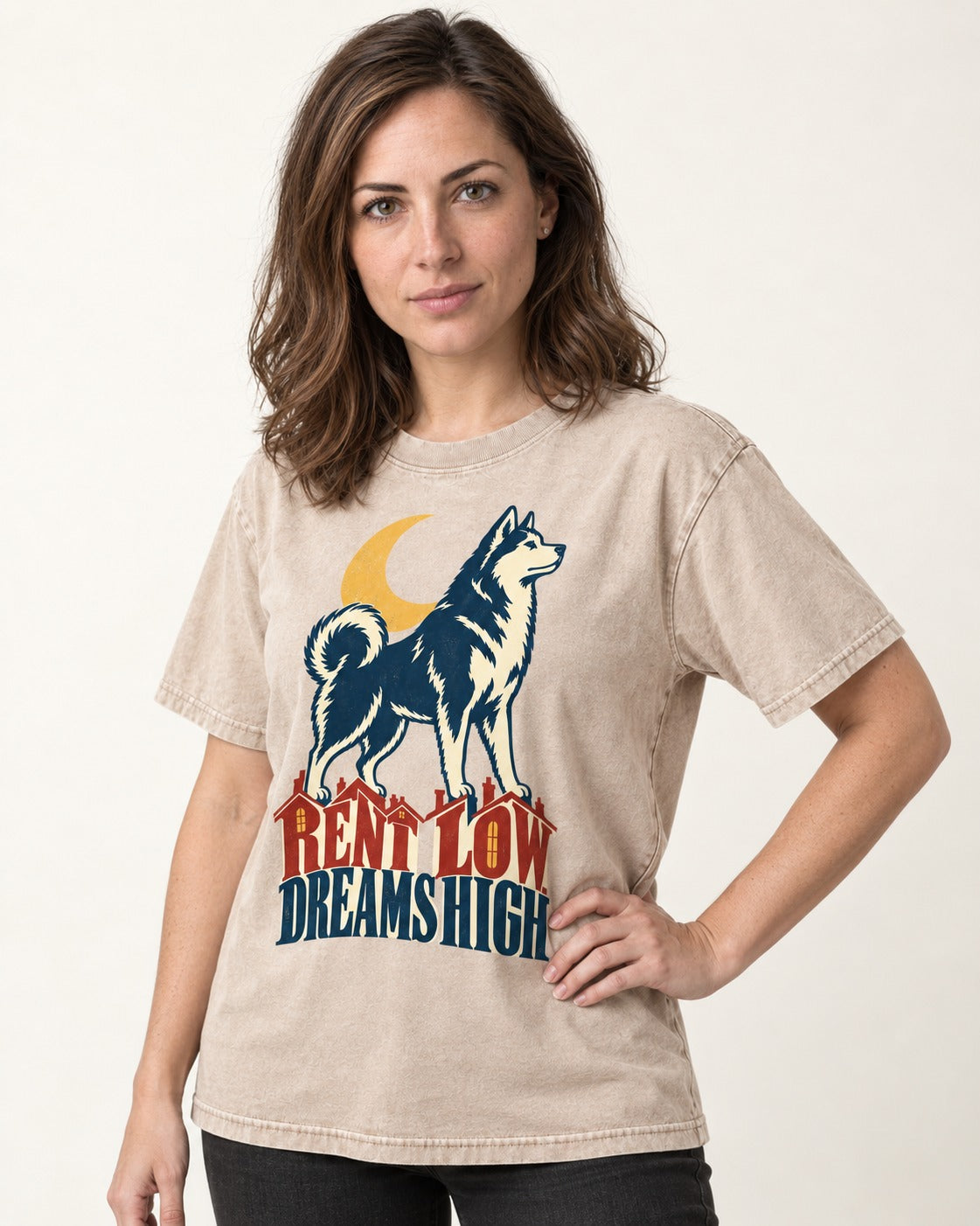Husky Dreams High Washed Tee in Apricot, worn by a model