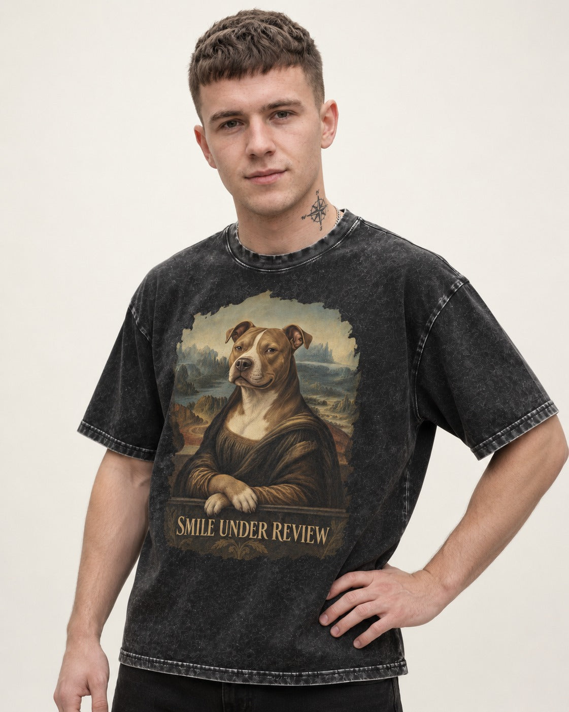 Pitbull Smile Under Review Renaissance Portrait Graphic Washed Tee in Black, worn by a model