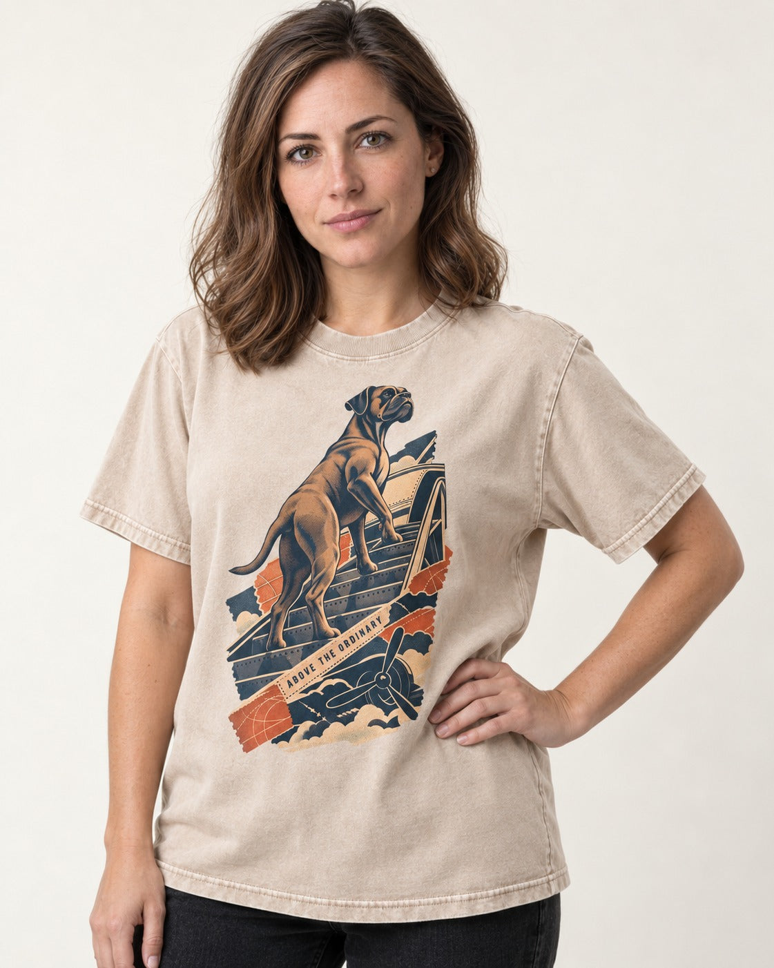 Above the Ordinary Boxer Aviation Graphic Washed Tee in Apricot, worn by a model