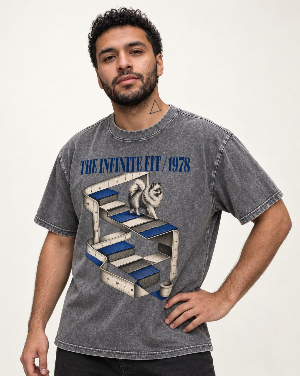 The Infinite Pomeranian Fit Washed Tee in Gray, worn by a model
