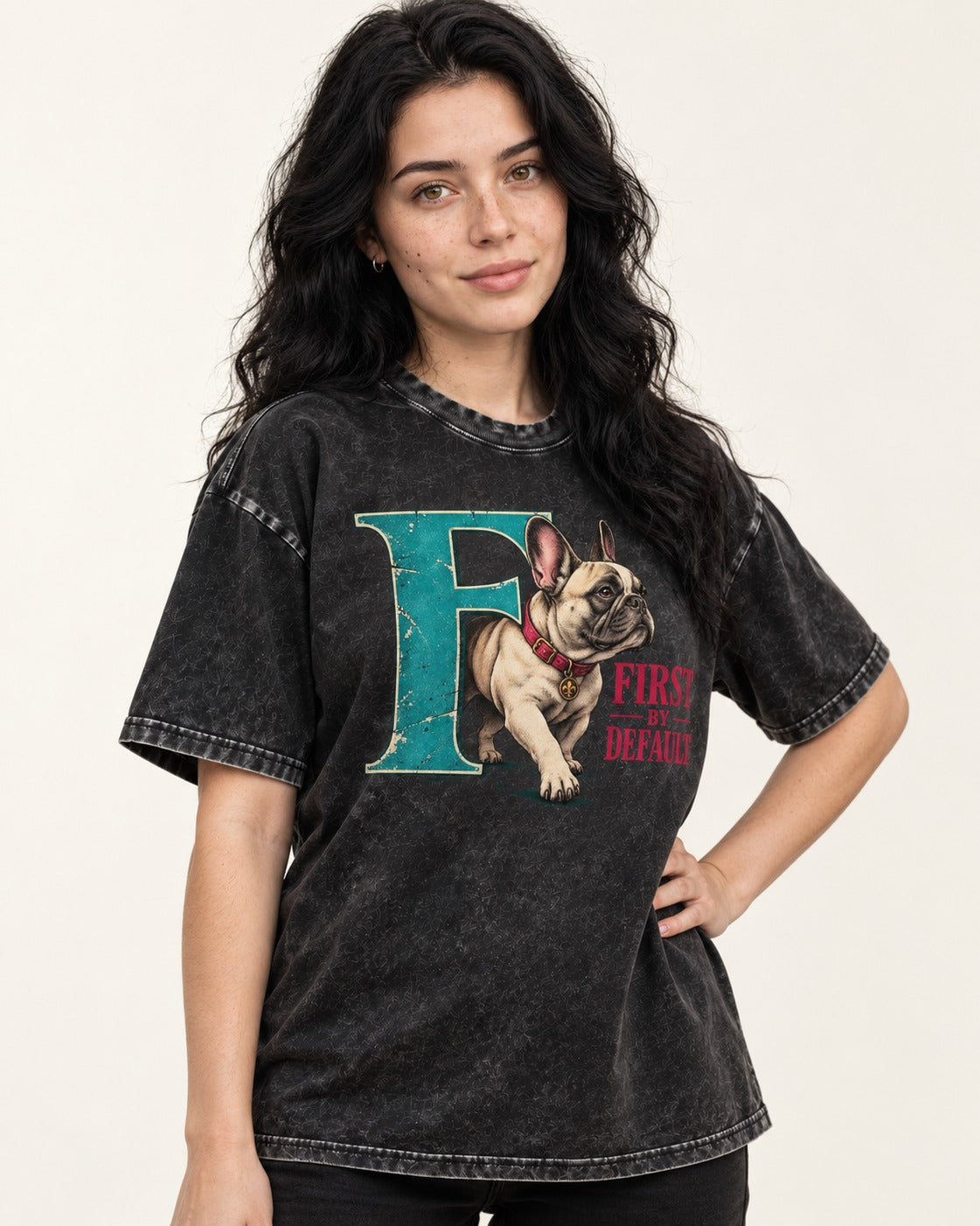 Frenchie First by Default Teal F Graphic Washed Tee in Black, worn by a model