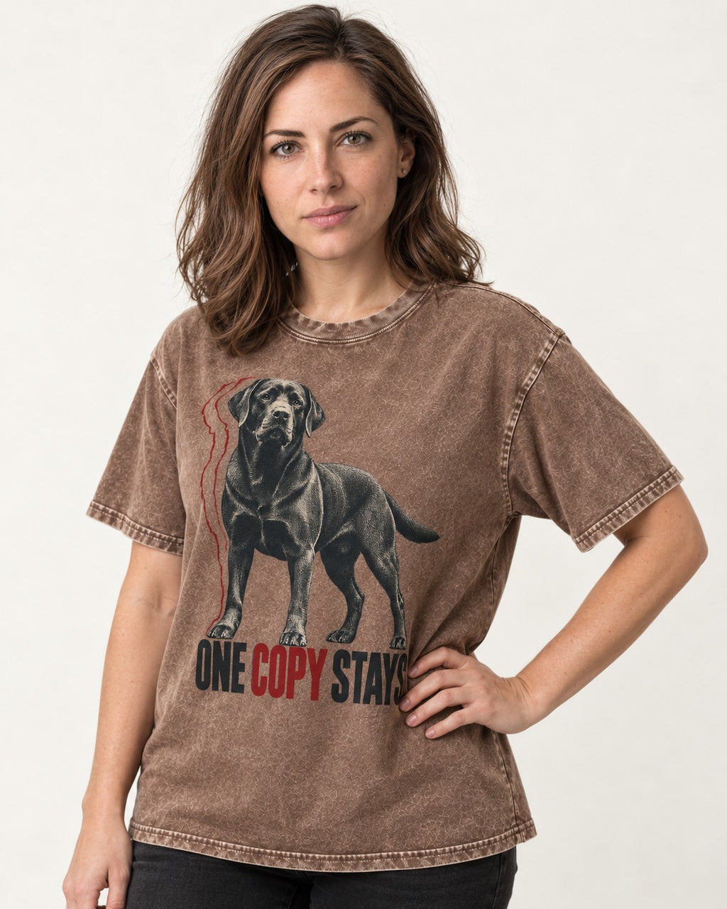 One Copy Stays Labrador Retriever Washed Tee in Coffee, worn by a model