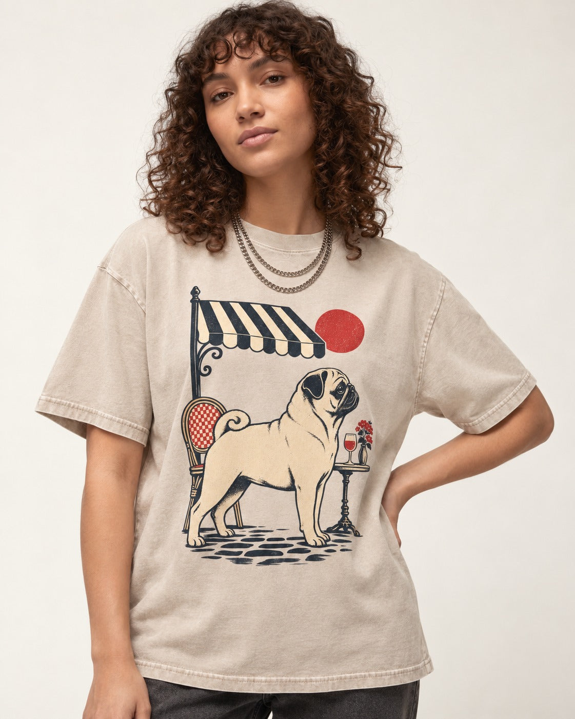 Pug Joie De Vivre Washed Tee in Apricot, worn by a model