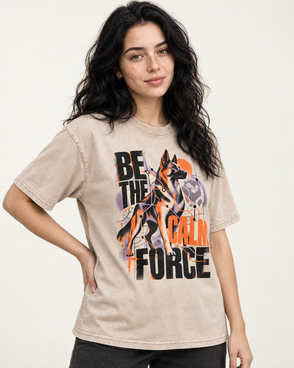 Be the Calm Force German Shepherd Dog Washed Tee in Apricot, worn by a model
