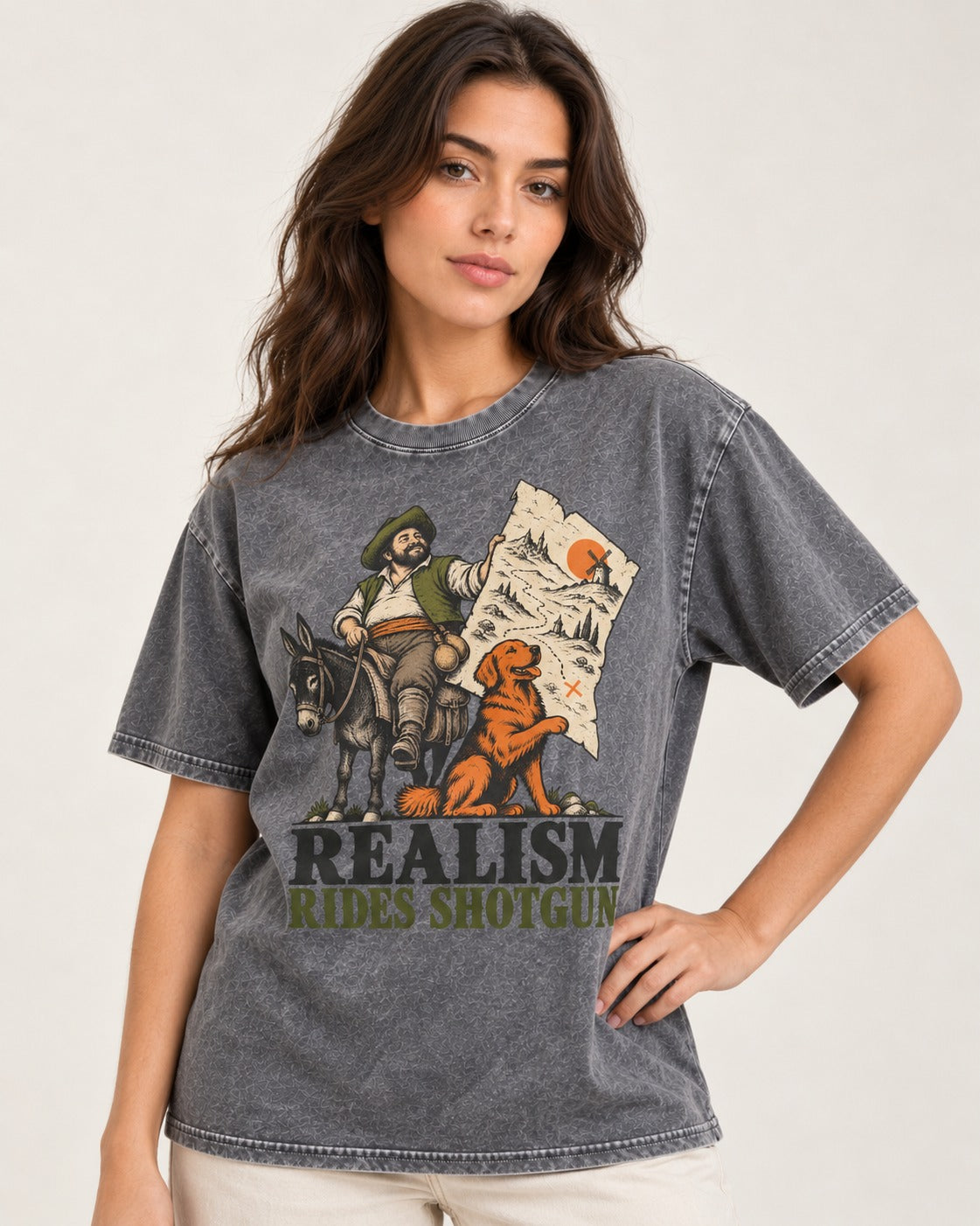 Realism Rides Shotgun with Golden Retriever Washed Tee in Gray, worn by a model