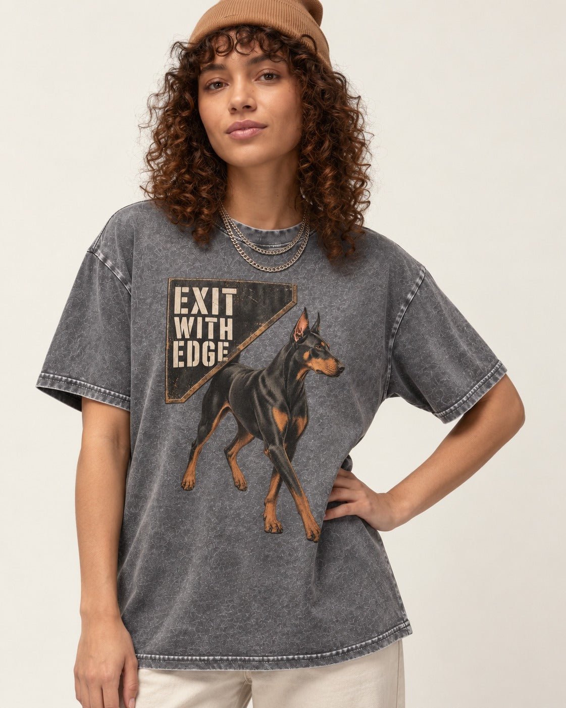 Exit with Doberman Edge Washed Tee in Gray, worn by a model