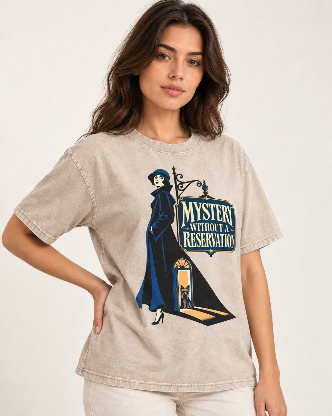 Mystery Without a Reservation Yorkshire Terrier Washed Tee in Apricot, worn by a model