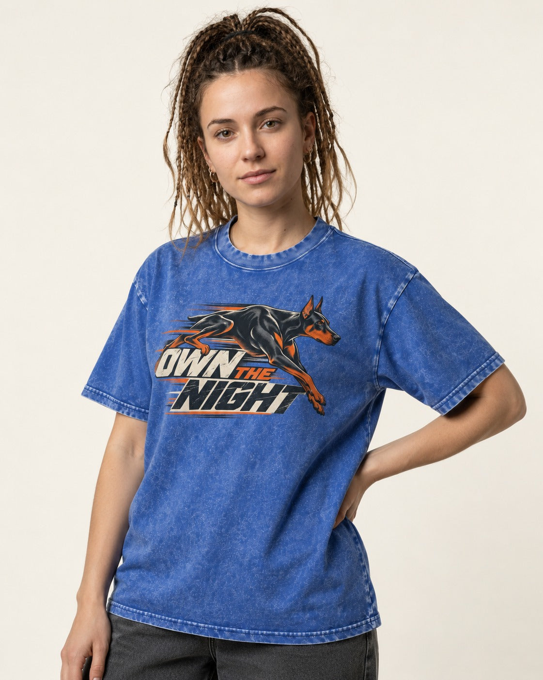 Doberman Own the Night Speed Graphic Washed Tee in Royal Blue, worn by a model