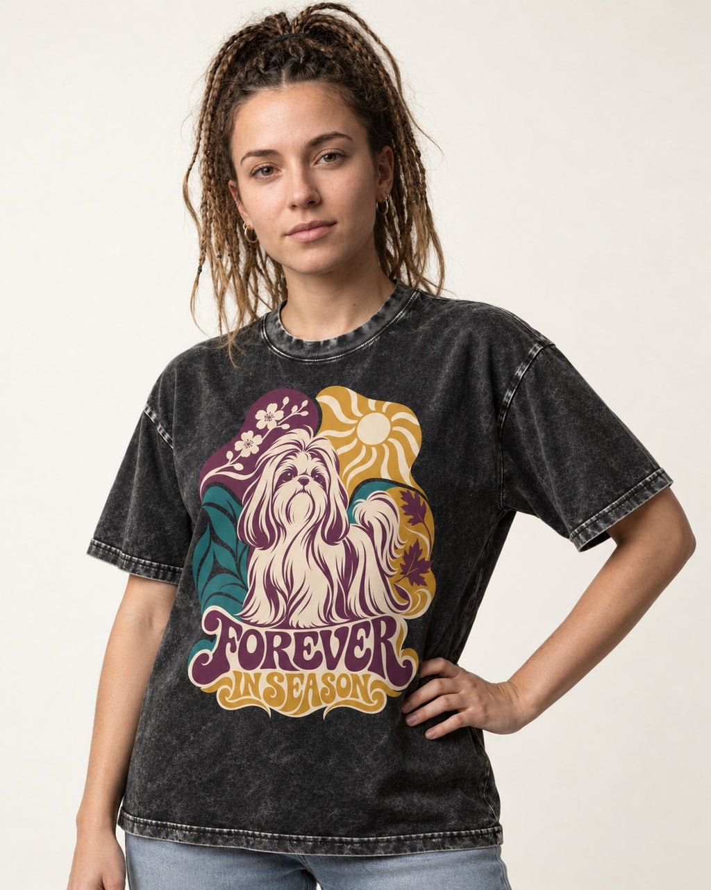 Shih Tzu Forever in Season Botanical Sun Graphic Washed Tee in Black, worn by a model