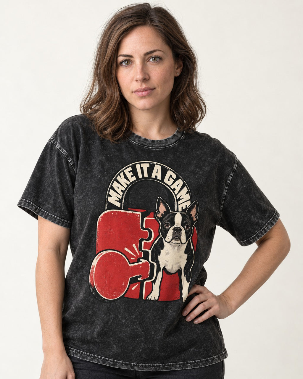 Boston Terrier Make It a Game Washed Tee in Black, worn by a model