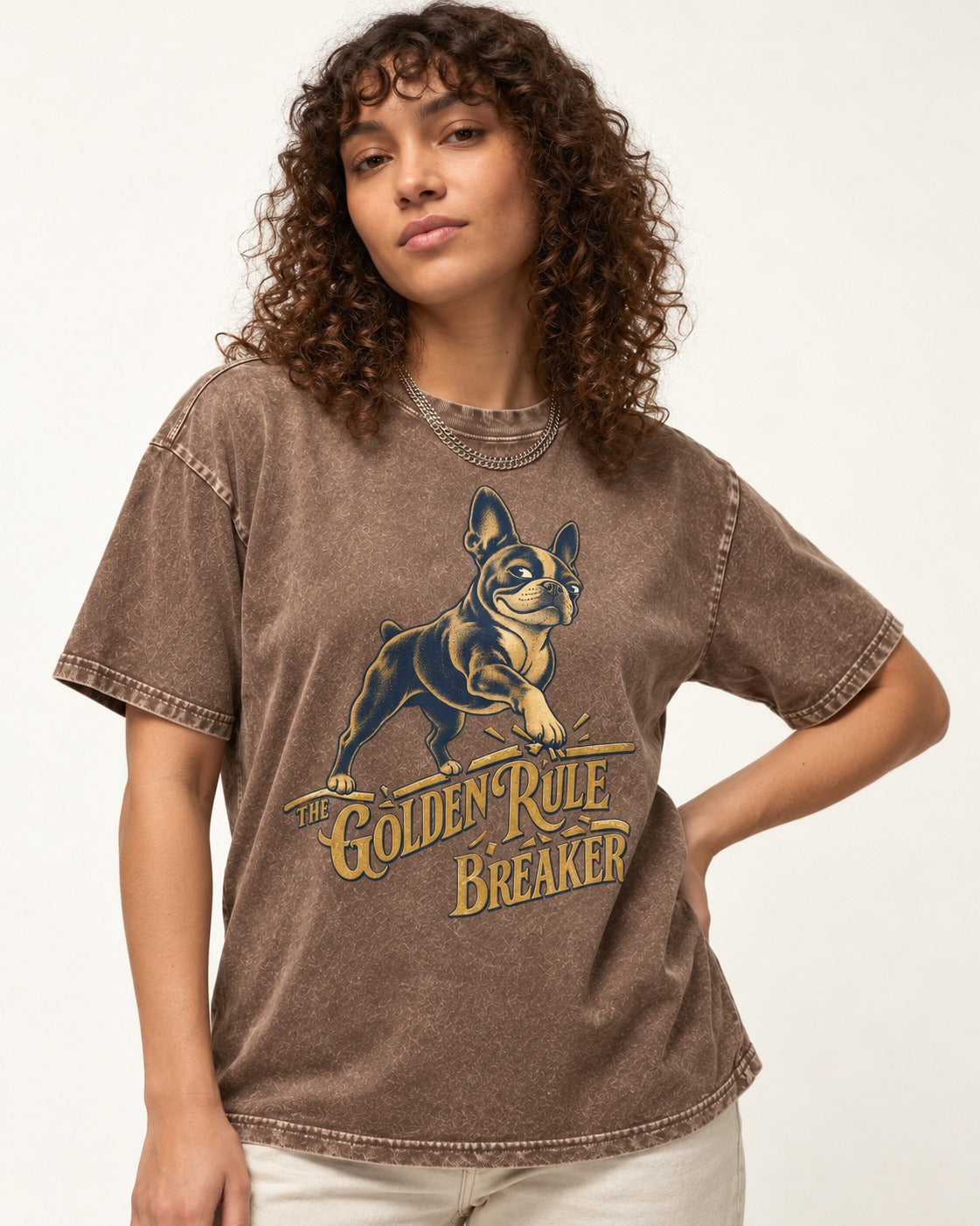Boston Terrier Golden Rule Breaker Washed Tee in Coffee, worn by a model