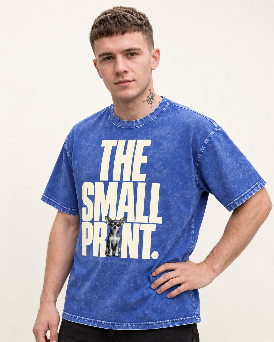 Chihuahua The Small Print Typographic Portrait Washed Tee in Royal Blue, worn by a model