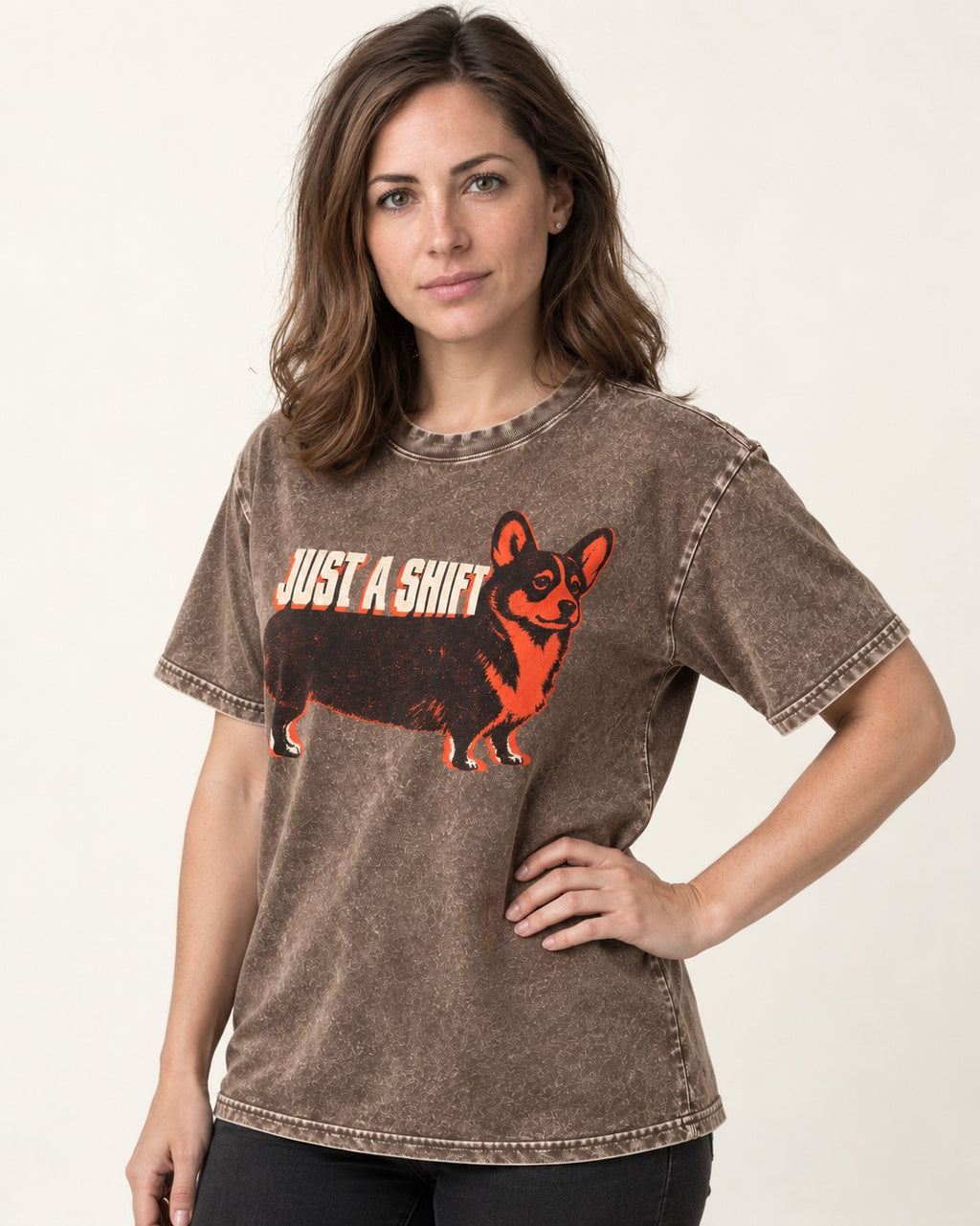 Corgi Just a Shift Typographic Graphic Washed Tee in Coffee, worn by a model
