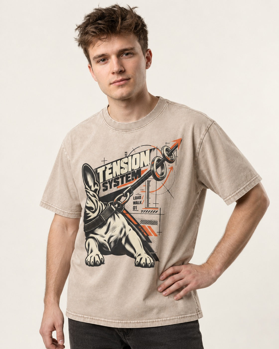 Frenchie Tension System Washed Tee in Apricot, worn by a model