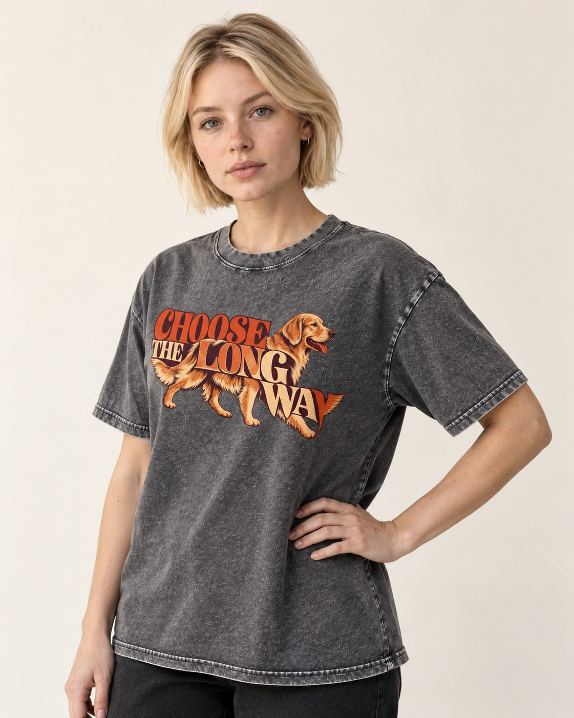 Golden Retriever Choose The Long Way Retro Graphic Washed Tee in Gray, worn by a model
