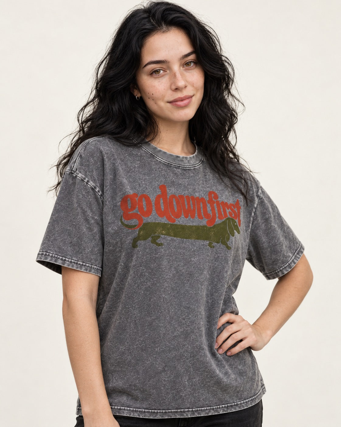 Dachshund Goes Down First Washed Tee in Gray, worn by a model