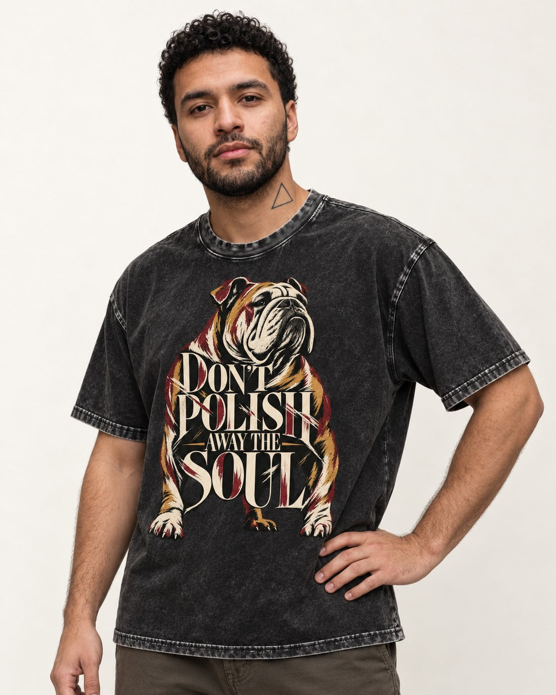 English Bulldog Don't Polish Away the Soul Typography Graphic Washed Tee in Black, worn by a model