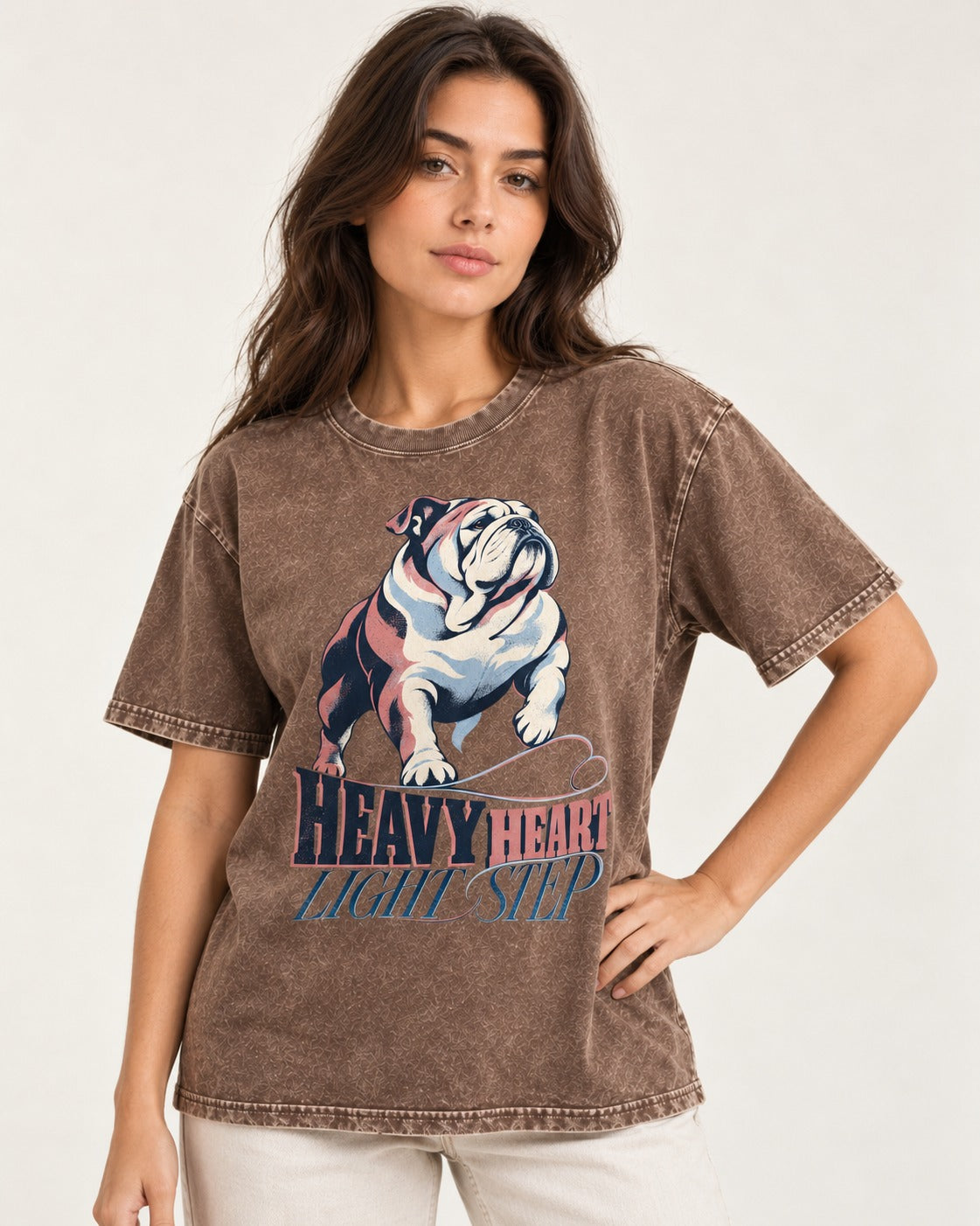 Heavy Heart Light Step English Bulldog Washed Tee in Coffee, worn by a model