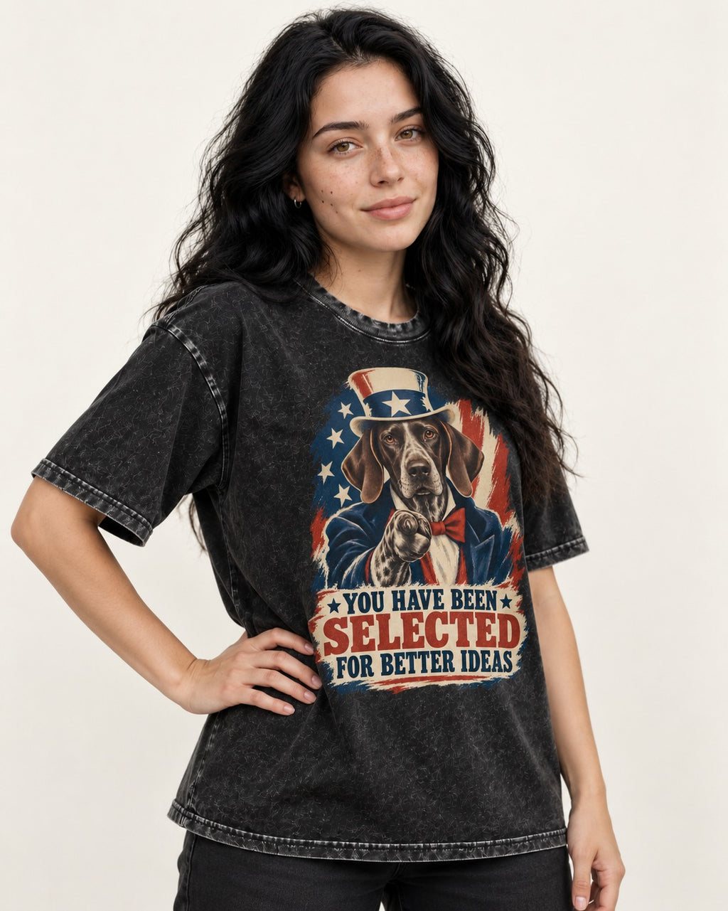German Shorthaired Pointer You Have Been Selected For Better Ideas Uncle Sam Graphic Washed Tee in Black, worn by a model
