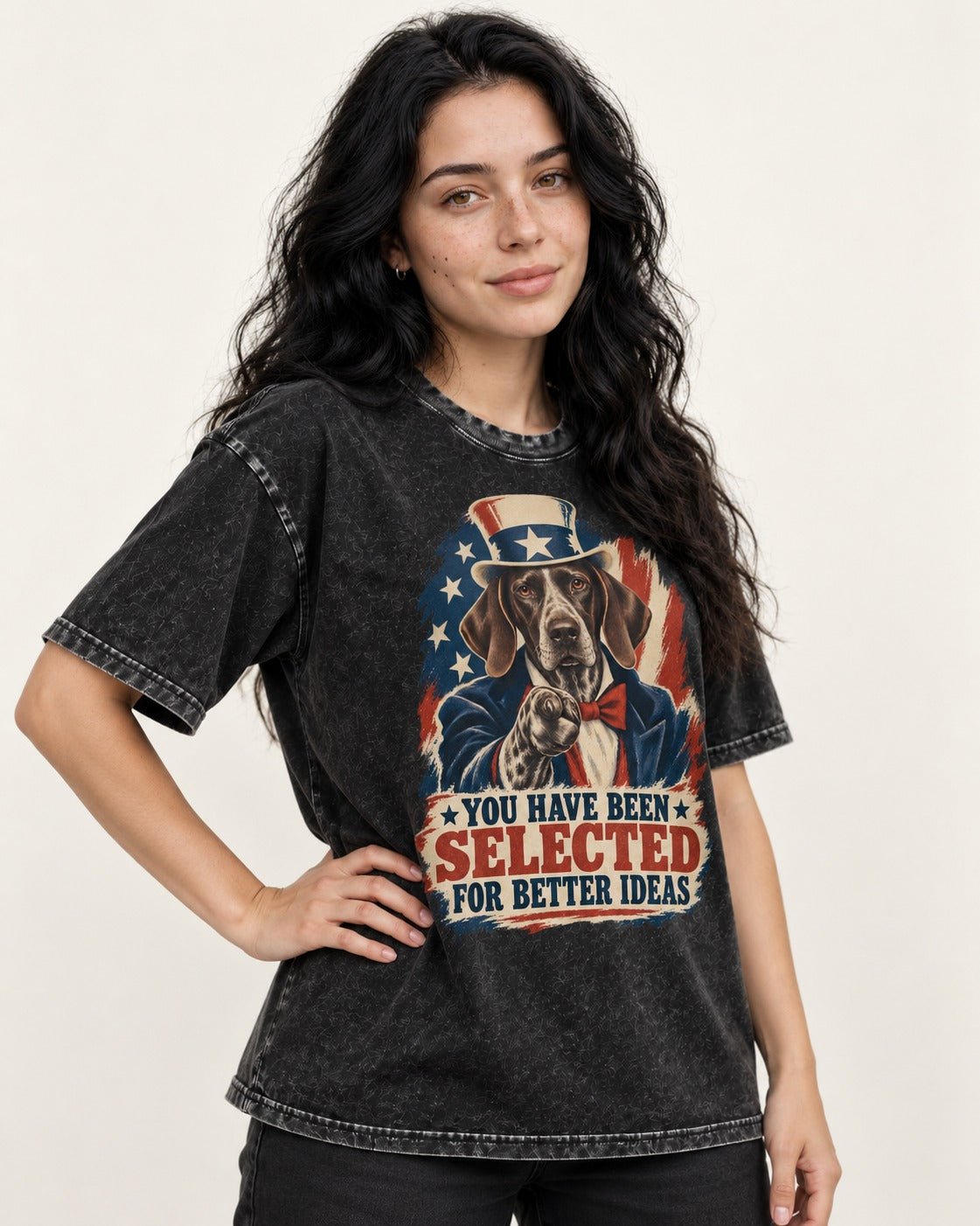 German Shorthaired Pointer You Have Been Selected For Better Ideas Uncle Sam Graphic Washed Tee in Black, worn by a model